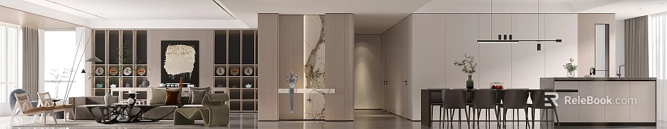 Modern Living and Dining Room with Elegant Marble Accent Wall Wooden Cabinets and Decorative Items 3d model 