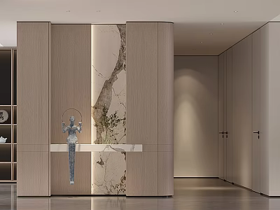 Modern Living and Dining Room with Elegant Marble Accent Wall Wooden Cabinets and Decorative Items 3d model