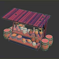 Traditional Red Food Stall With Clay Pots And Wooden Barrels Display Setup