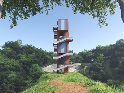 Spiral Staircase Tower As Road Facility In Mountain Forest With Green Trees And Grassland 3d model