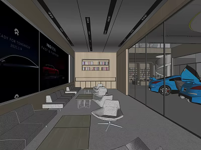 Modern 4S Car Dealership Showroom Featuring Lounge Area Display Screens And Cars 3d model