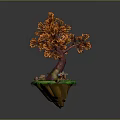 Tree with orange leaves on green island with beehive bench and rock