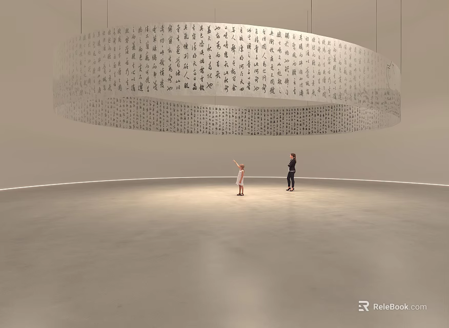 Hanging Circular Art Installation with Intricate Text Characters in Minimalist Gallery Space with Viewers 3d model 