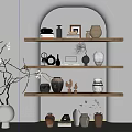 Arched Wall Shelves With Decorative Vases Photo Frame And Twig Decoration
