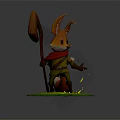 Fantasy Fox With Red Scarf Holding Wooden Staff Standing In Green Grass And Small Flowers