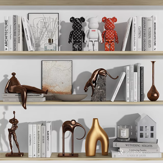 Modern Decorative Ornament Set With Sculptures Vases Books And Artwork On Shelves 3d model 