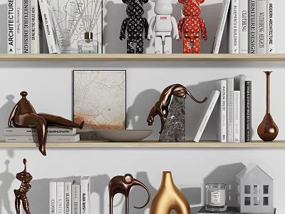 Modern Decorative Ornament Set With Sculptures Vases Books And Artwork On Shelves 3d model