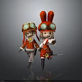 Cartoon Characters In Red Outfits With Goggle Hats And Rabbit Ears