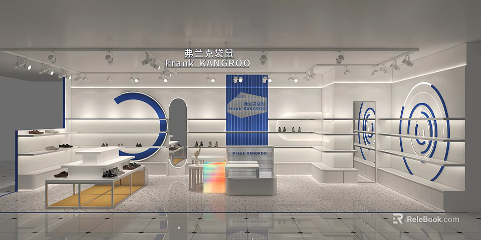 Frank WANCROO Shoe Store With White Shelves Blue Accents And Lighting 3d model 