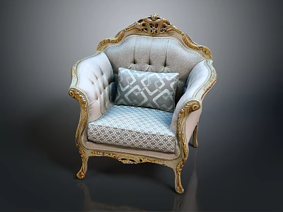 Luxurious Single Sofa With Golden Carved Frame Light Fabric And Geometric Pattern Pillow 3d model