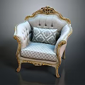 Luxurious Single Sofa With Golden Carved Frame Light Fabric And Geometric Pattern Pillow