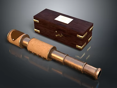 Vintage Brass Telescope With Leather Grip And Wooden Box With Metal Fittings 3d model