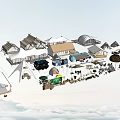 Various Outdoor Camping Tents And Equipment With Camping Car Tables And Chairs