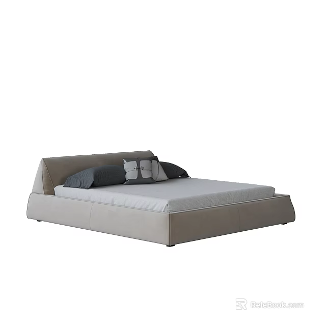 Stylish Modern Double Bed With Light Beige Frame White Mattress And Pillows 3d model 