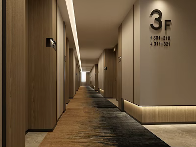 Hotel Guest Room Corridor With 3F Floor Sign Room Numbers Wooden Walls And Carpet 3d model