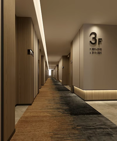 Hotel Guest Room Corridor With 3F Floor Sign Room Numbers Wooden Walls And Carpet 3d model