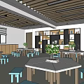 School Classroom Interior With Tables Blue Stools Shelves Blackboard And Plants