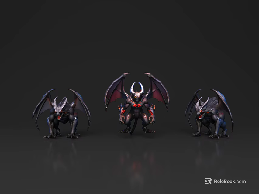 Three Mythical Winged Flying Creatures With Black Wings Red Accents And Horned Heads 3d model 