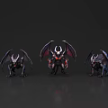Three Mythical Winged Flying Creatures With Black Wings Red Accents And Horned Heads