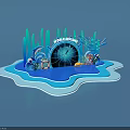 Wild Oceans Themed Display With Blue Water Scene Seaweed Ship Wheel And Lifebuoy