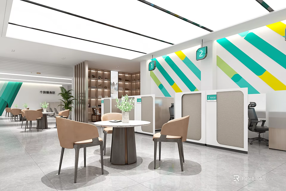Modern Bank Open Space Interior With Green Yellow Striped Walls Tables Chairs And Green Plants 3d model 