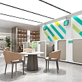 Modern Bank Open Space Interior With Green Yellow Striped Walls Tables Chairs And Green Plants