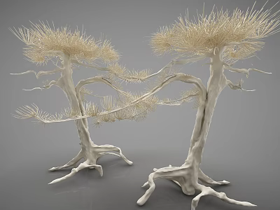 Artistic Tree Shaped Decorative Ornament Set With White Trunks And Golden Foliage 3d model