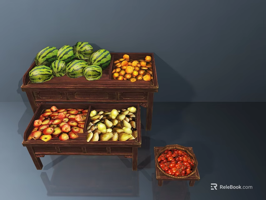 Assorted Fresh Fruits Display On Wooden Tables With Watermelons Oranges And Cherries 3d model 