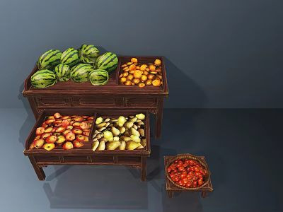 Assorted Fresh Fruits Display On Wooden Tables With Watermelons Oranges And Cherries 3d model