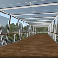 Modern Transparent Glass Bridge with Wooden Deck Over Water Metal Supports and Trees Reflection