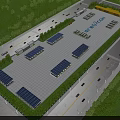 Aerial View Plan of Shipping Logistics Park with Solar Panel Buildings Trees Roads and Vehicles