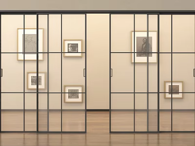 Black Framed Glass Sliding Doors In Room With Framed Artworks And Wooden Floor 3d model