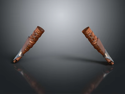 Textured Wooden Handles Kitchen Knives With Metal Blades On Black Reflective Surface 3d model