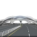 Modern Landscape Bridge With Curved White Structure And Underlying Road Guardrails