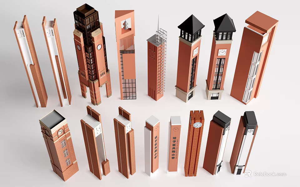 School Building Architectural Models With Various Tower Designs And Red Brick Exteriors 3d model 