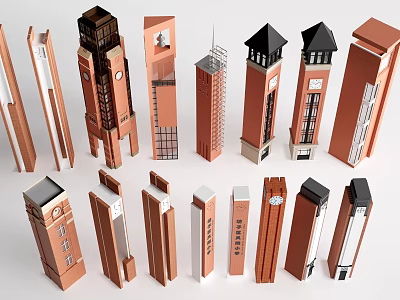 School Building Architectural Models With Various Tower Designs And Red Brick Exteriors 3d model
