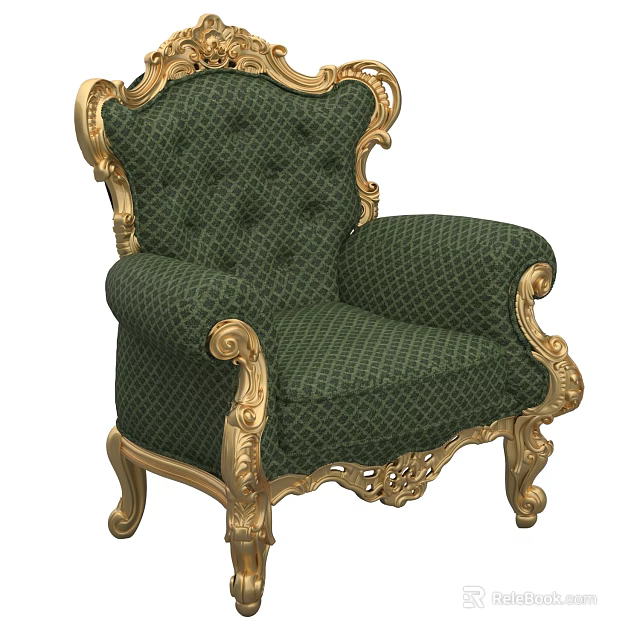Classic Style Single Sofa With Green Tufted Upholstery And Gold Carved Frame 3d model 