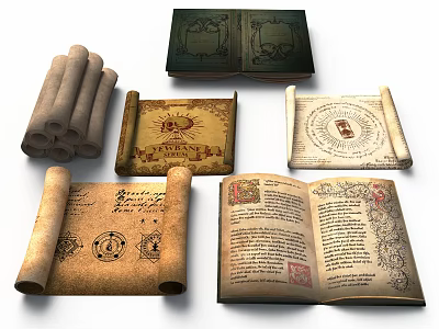 Ancient Books and Vintage Scrolls with Open Manuscripts Decorative Patterns on Old Paper 3d model