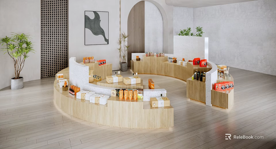 Modern Curved Wooden Display Shelves Showcasing Various Products In Retail Store 3d model 