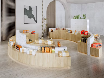 Modern Curved Wooden Display Shelves Showcasing Various Products In Retail Store 3d model