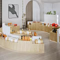 Modern Curved Wooden Display Shelves Showcasing Various Products In Retail Store
