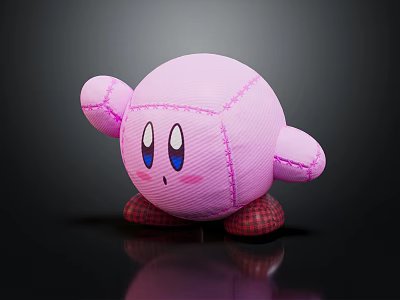 Cute Pink Plush Toy With Large Eyes Stitched Details And Red Plaid Feet 3d model