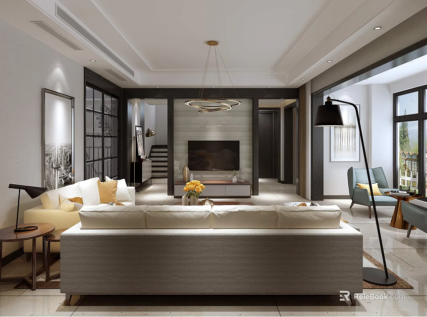 Modern Living Room Interior With Sofa Chandelier TV Wall Coffee Table And Floor Lamp 3d model 
