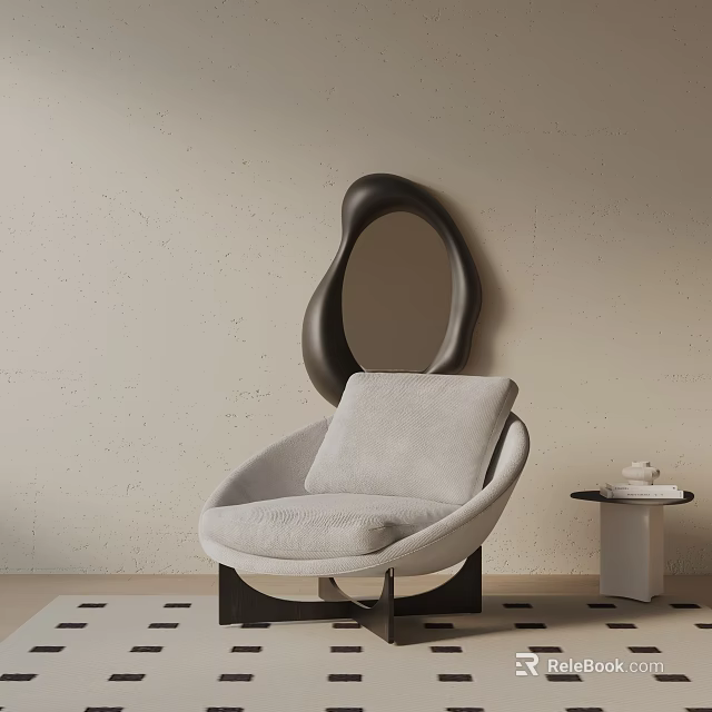 Light Gray Modern Leisure Chair with Curved Design Black Metal Legs and Abstract Mirror 3d model 