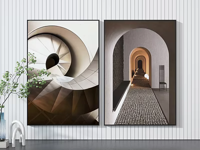 Contemporary Wall Art Featuring Spiral Staircase And Arched Corridor With Green Plant Vase 3d model