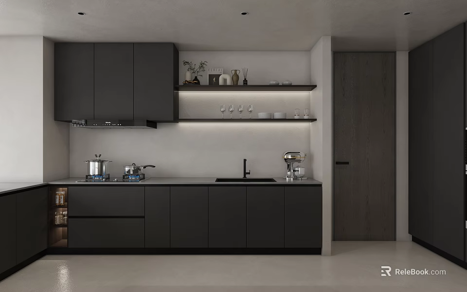 Modern Kitchen Interior With Dark Cabinets Countertop Appliances And Open Shelves 3d model 