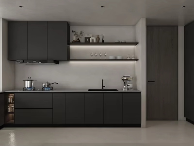 Modern Kitchen Interior With Dark Cabinets Countertop Appliances And Open Shelves 3d model