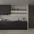 Modern Kitchen Interior With Dark Cabinets Countertop Appliances And Open Shelves