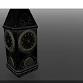 Black Decorative Tower Ornament With Intricate Circular Patterns Metallic Borders Faceted Surface And Top Spire