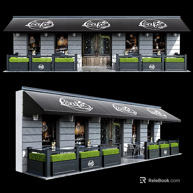 Modern Café Exterior Design With Black Awning Green Planters And Outdoor Tables Chairs 3d model 